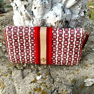 GUC Tory Burch Gemini Chain Link Canvas Zip Continental Red/Cream/Navy Wallet